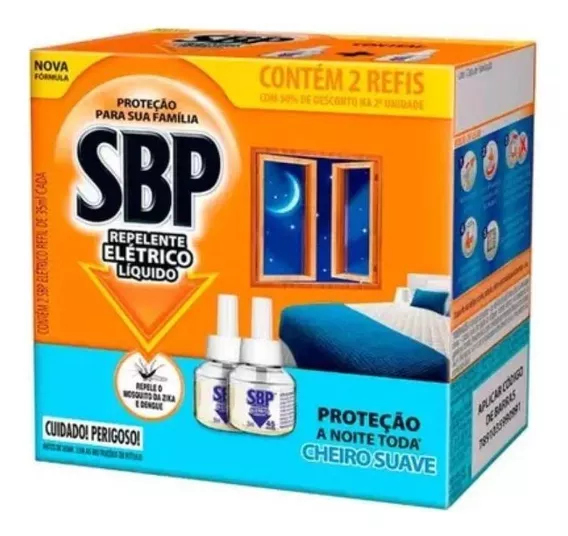 Repelente Líquido Elétrico SBP Caixa 2 Unidades 35ml Cada Refil Grátis 50% de Desconto na 2ª Unidade