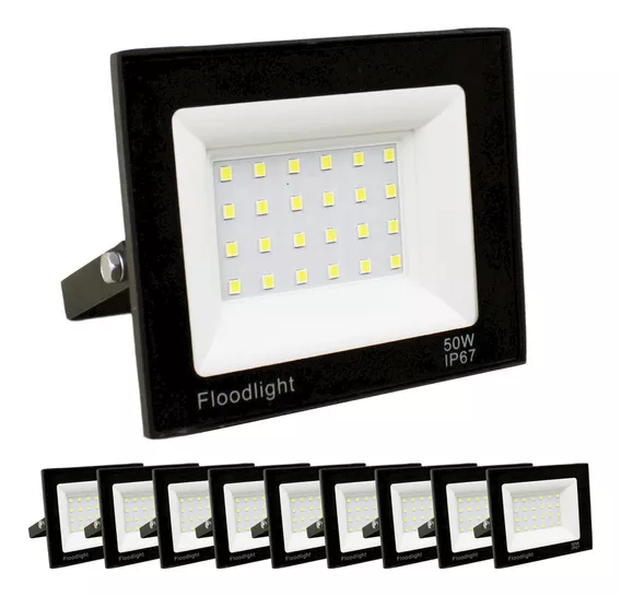 Kit 10 Refletor Led 50w Holofote Bivolt Prova D'água Frio Carcaça Preto Luz Branco-frio 110v/220v