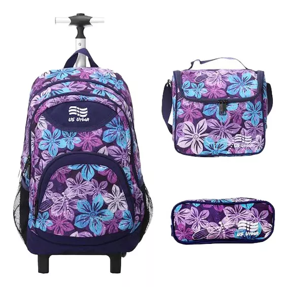 Set Mochila Escolar Carrito Con Lonchera Y Lapicera Violeta Flores Niña