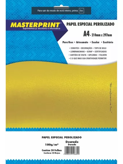 Papel Perolizado Color Plus 180g Masterprint 20 Folhas 