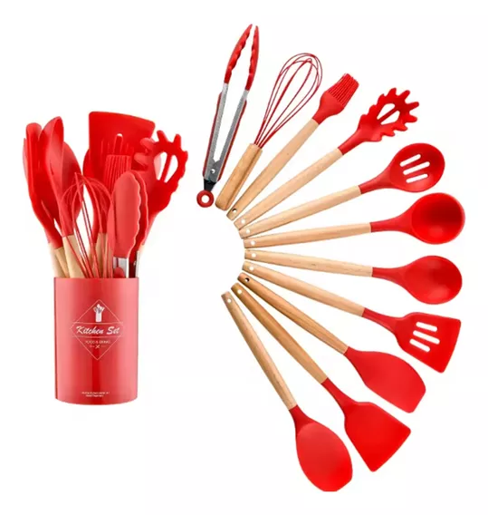 Casa Laura Enxovais Cozinha Silicone jogo kit com 12 peças utensílios de cozinha para decoração cor vermelho