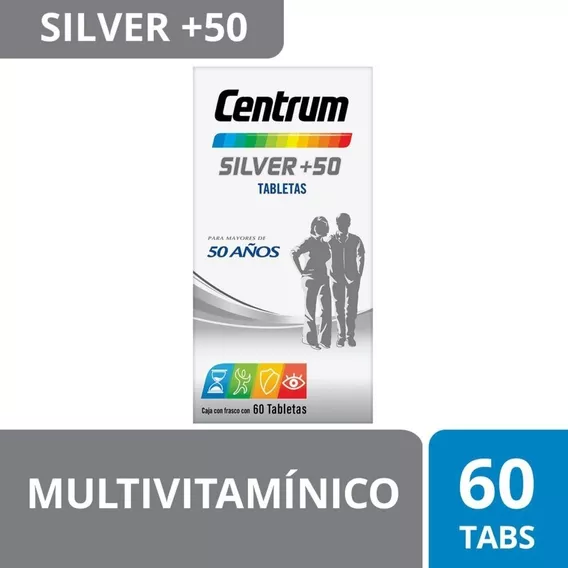 Multivitamínico Centrum Silver +50 Adultos con Vitamina B Vitamina C Calcio Potasio y Zinc 60 Tabletas