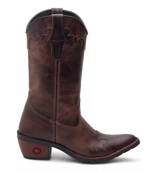 Bota Feminina Western Country Bico Fino Em Couro Cano Médio