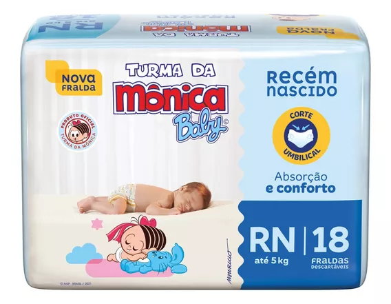 Fralda Descartável Turma da Mônica Baby Recém-Nascido RN Pacote 18 Unidades