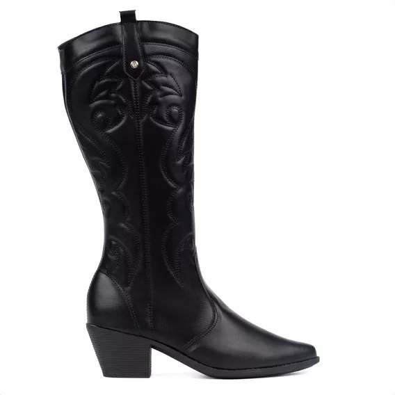 Bota Feminina Texana Cano Alto Western Bordada Com Bico Fino