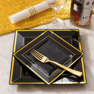 Wdf 125pieces Black Square Plastic Plates With Gold Rim Gold