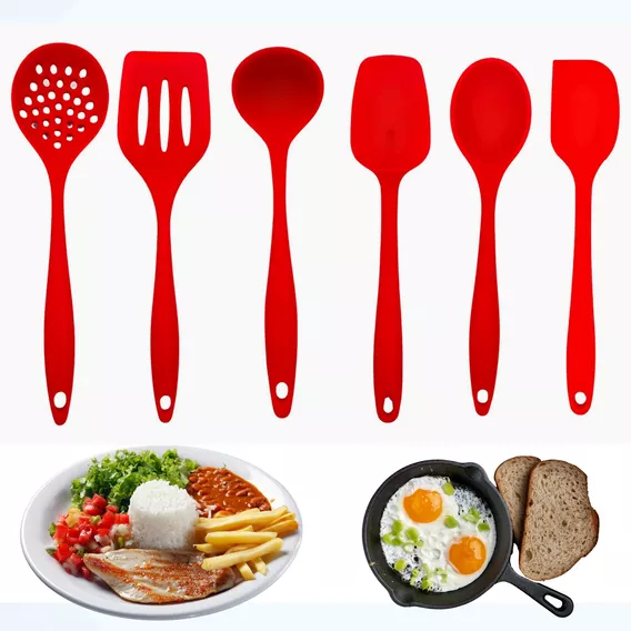 Kit Utensílios Cozinha Silicone Talheres Escumadeira Arroz