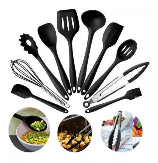 Jogo 10 Utensílios Cozinha Silicone Preto Colher Pegador