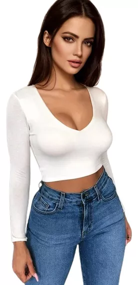 Blusa Crop Top Escote V Mujer Ajustada Moda Casual