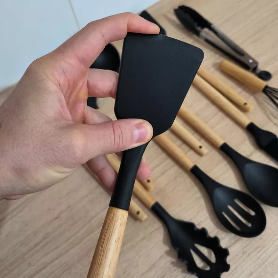  Jogo Colheres Conjunto Talheres Preto Bamboo kit utensílios de cozinha jogo completo 12 peças silicone