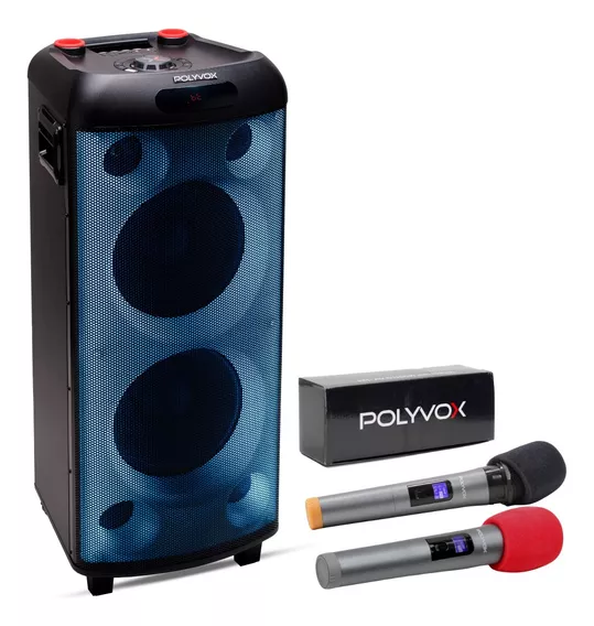 Caixa Som Torre Polyvox Bluetooth 2000w + Microfones Sem Fio