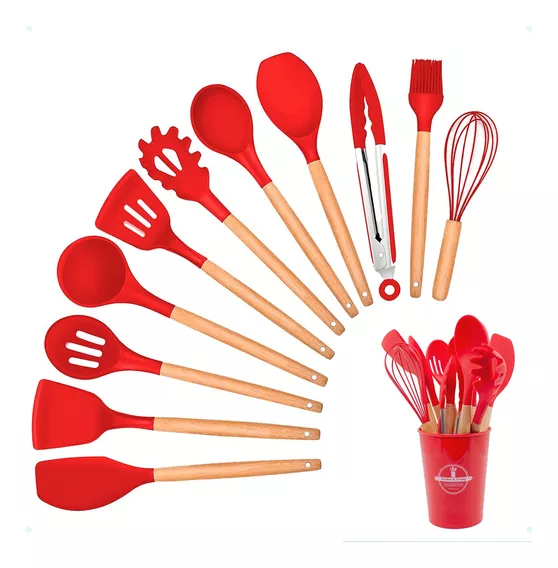 Kit Utensilios Cozinha Jogo 12 Peças Silicone Cabo Madeira Cor Vermelho