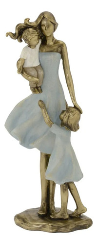 Escultura Decorativa Mãe E 2 Filhos Mabruk Cor Azul