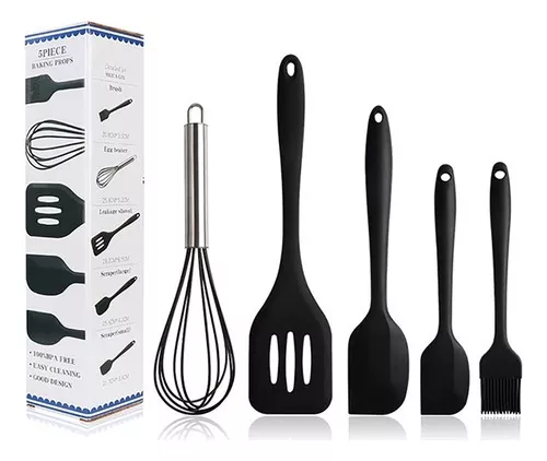 Jogo 5 Colheres De Silicone Cabo Inox Utensílios De Cozinha Cor Preta