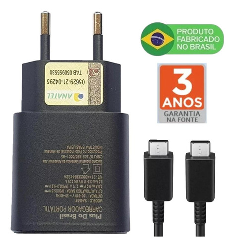 Plus Do Brasil Carregador Super Rápido 25w Para Samsung Galaxy S24 S23 S21 S20 Fe Plus Ultra - Super Fast Cabo Blindado Tipo Usb C - Premium Fabricado No  Brasil