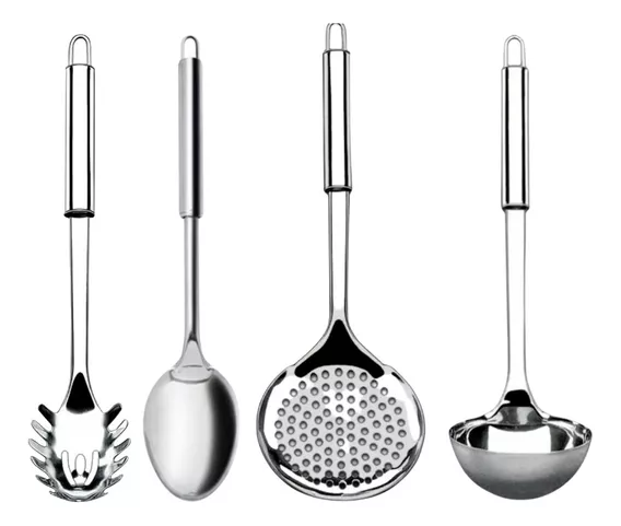 Jogo Kit 4 Utensílios Cozinha Inox Colher Escumadeira Concha