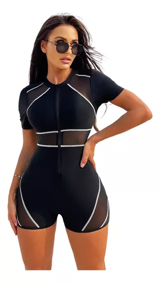 Traje De Baño Una Pieza Manga Corta Negro Bikini Con Short