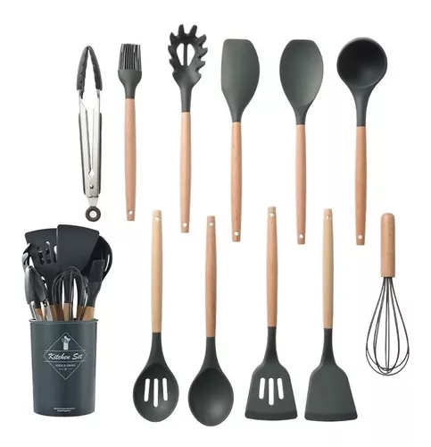 Kit 12 Peças Silicone Bambu Resistente Utensílios Cozinha Cor Cinza