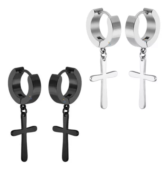 Brinco Masculino De Argola Cruz De Pressão Aço Inox