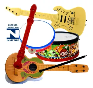 Kit 5 Itens Violão Pandeiro Flauta Tambor Brinquedo Infantil