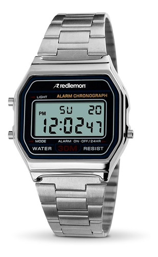 Redlemon Reloj Clásico con Correa Metálica y Pantalla Digital, Resistente al Agua, Retroiluminación, con Cronómetro, Alarma, Dual Time, Temporizador, Modelo 1123, Color Plata