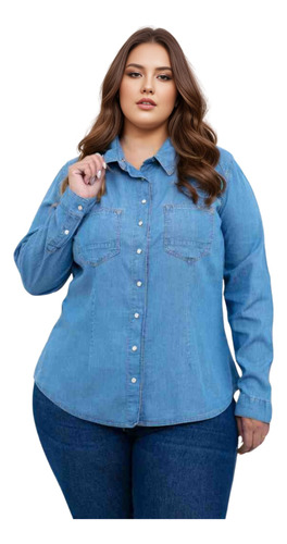 Camisa Plus Size Social Jeans Manga Longa Elegante Casual