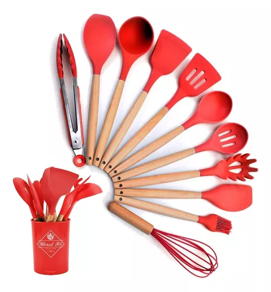 Conjunto De Cozinha De Silicone Concha Pegador Espatula Cor Vermelho (cabo Madeira)