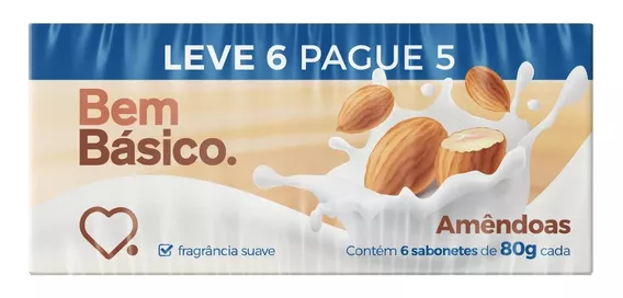 Kit Com 6 Sabonetes Amendoas Bem Basico 80g Cada