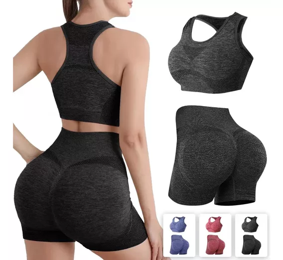 2 Pcs Conjunto Short Leggins Levanta Gluteos Y Top Deportivo