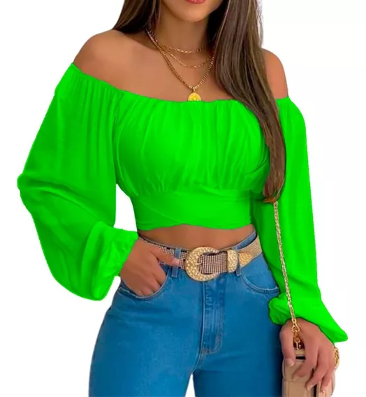 Blusa Crop Top Campesina Casual De Hombros Descubiertos Dama