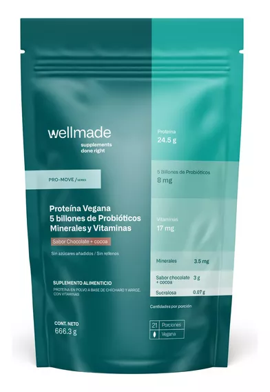 Suplemento Polvo Wellmade Pro-move Proteina Vegan, 5 Billones De Probioticos Con 2 Cepas En Polvo, 24.5 G Proteina Por Porción, 21 Porciones, 666.3 G, Sabor Chocolate Y Cocoa