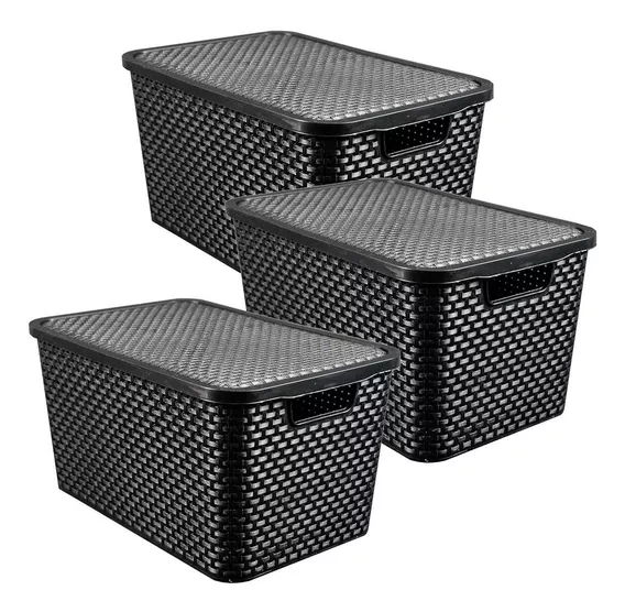 Caixas Organizadora Rattan 7 Litros C/ Tampa Preta Kit 3 Pçs