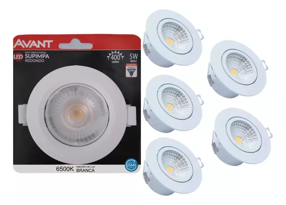 Kit 5 Spot Led Emb Redondo 5w 3000k 4000k 65000k Avant Cor da luz Branco-frio