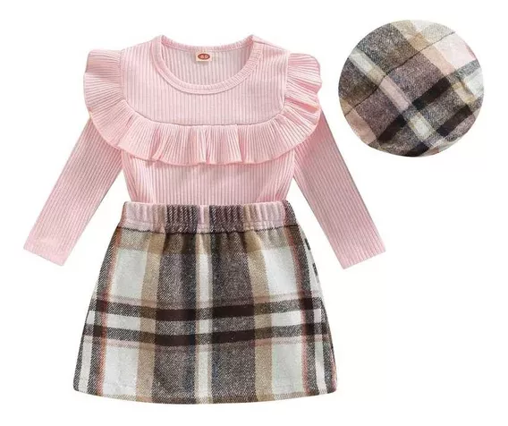 Conjunto Tres Piezas Para Niñas Falda Cuadros Blusa Boina