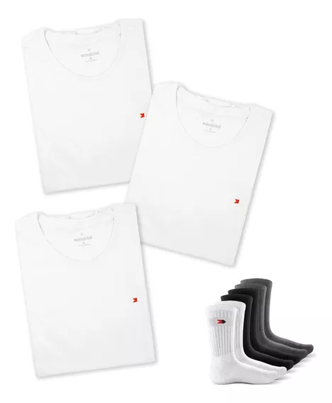 Kit 3 Camisetas Algodão Masculinas Sandrini Day + 6 Meias