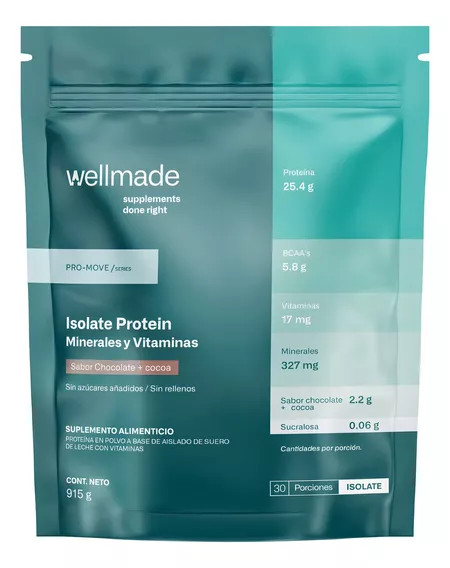 Suplemento Polvo Wellmade Proteina Wpi Aislada Bcaas 915g Sabor Chocolate Y Cocoa