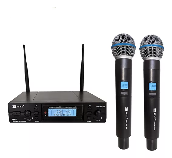 Microfone Sem Fio Duplo BYZ 10D-MB-59 Profissional Uhf Pra Igreja Com Mala Cor Preto