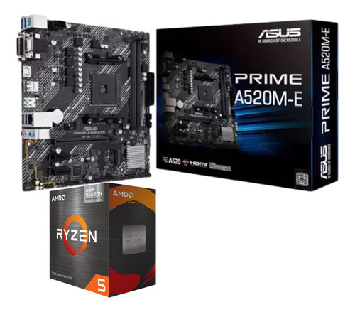 Kit Placa Mãe Asus Prime A520m-e  Amd Ryzen 5 5600g Vega 7 Cor Preto