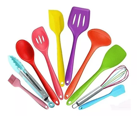 Jogo 10 Utensílios Silicone Colorido Colher Concha Pegador