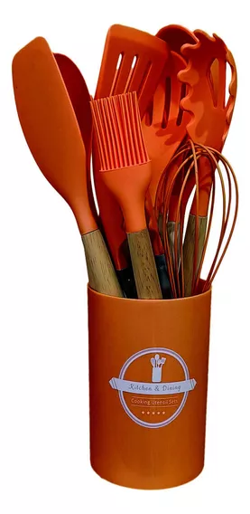 Kit Utensilios Cozinha Jogo 12 Peças Silicone Cabo Madeira Cor Vermelho