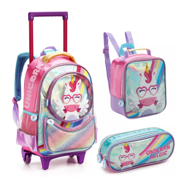 Kit Mochila De Rodinha Unicornio Arcoires 46cm 3 peças