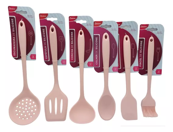 Kit Cozinha Talheres Silicone Utensílios Cozinha 6 Peças Cor Rosa