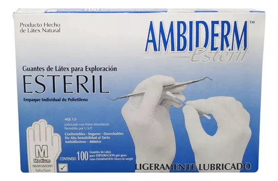 Guante Ambiderm Mediano Estéril De Latex Blanco 100 PIEZAS 50 Pares X Caja CAD 2029