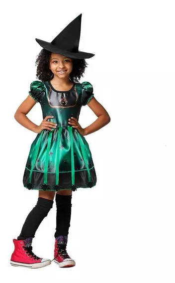 Fantasia Bruxinha Infantil Halloween Bruxa Maga Witch Verde