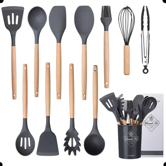 Kit 12 Utensílios De Cozinha Em Silicone E Cabo De Madeira