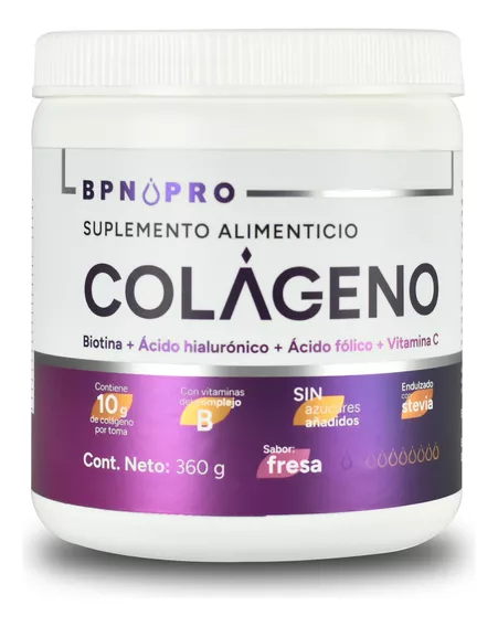 Colágeno Hidrolizado BPN PRO en Polvo con Ácido Hialurónico y Ácido Fólico, Sabor Fresa 360g  Mejora tu Salud y Belleza, Fortalece Articulaciones, Piel Radiante, Suplemento Nutricional de Alta Calidad