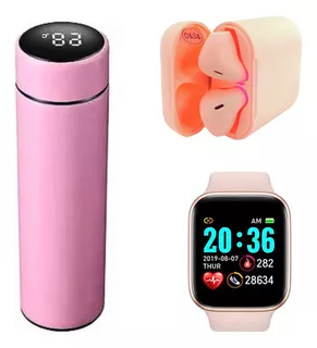 Kit Fone De Ouvido Bluetooth+smartwatch+garrafa Térmica Rosa