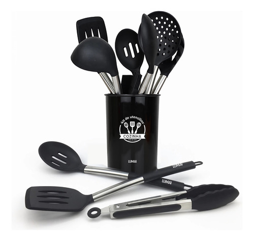 Kit 10 Utensilios De Cozinha Silicone C/ Cabo Aço Inox Lumai