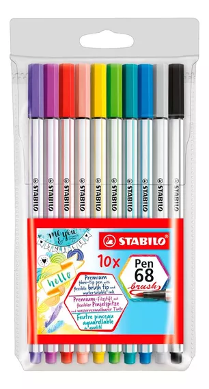 Caneta Stabilo Pen 68 Brush Estojo 10 Cores Ponta Pincel