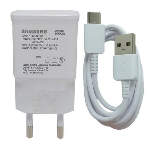 Carregador Samsung EP-TA200B usb-c de parede com cabo carregamento rápida branco